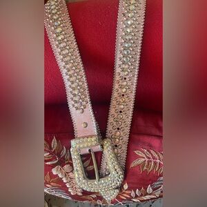 Vintage b.b. Simon belt buckle with pink rhinestones faux leather belt 39” long